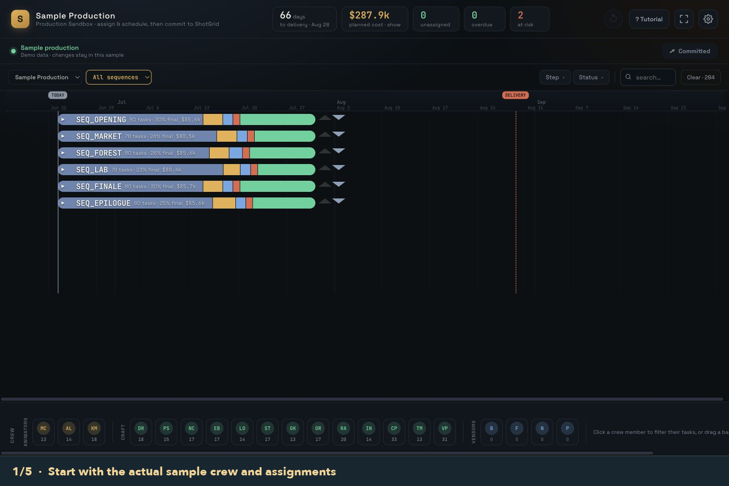 A task bar is dragged onto a crew member to assign the task.
